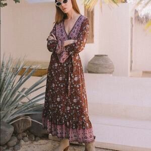 [Aura] Brown Floral Print Long Sleeve V-Neck Moroccan Wrap Maxi Dress Boho Sz XL